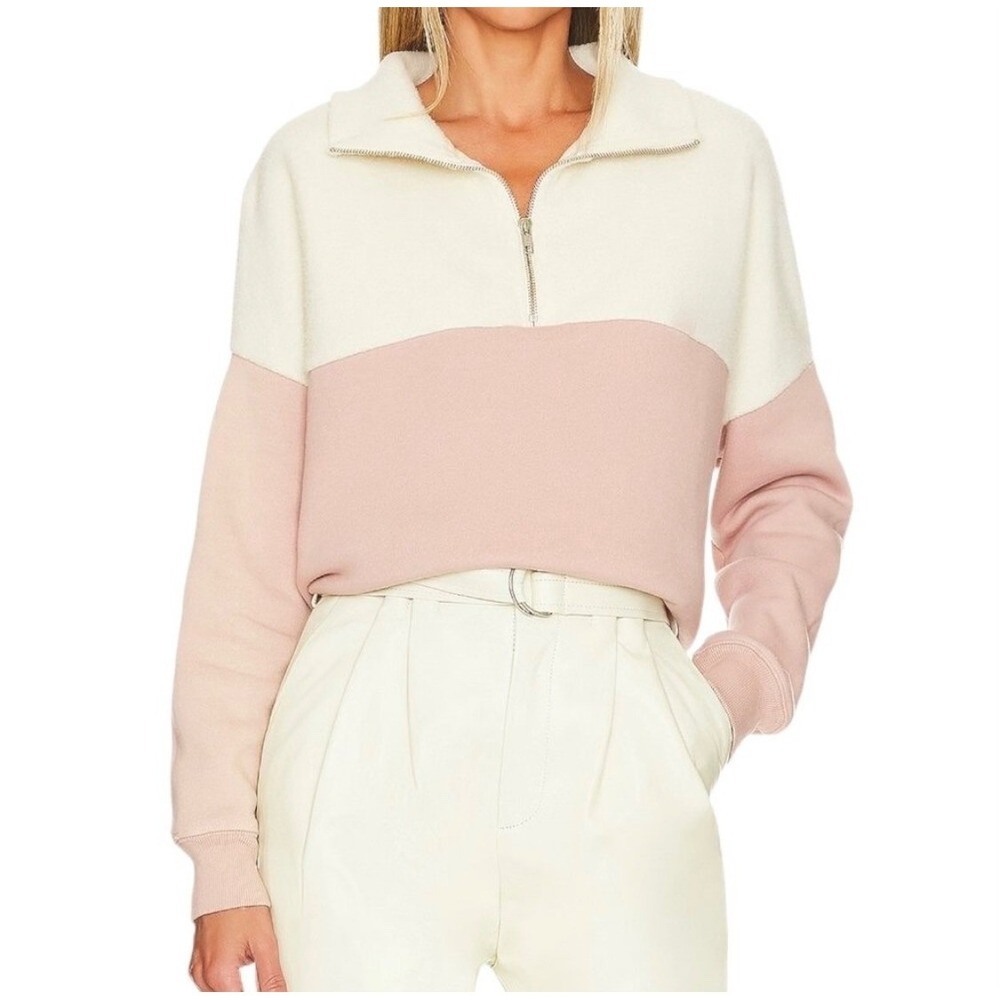 THE GREAT Fleece Color Block Half Zip Pullover S Pale Blush Cream Lounge Boho
